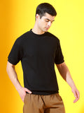 Black T-Neck Waffle Knitted Cotton T-Shirt For Men