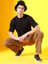 Black T-Neck Waffle Knitted Cotton T-Shirt For Men