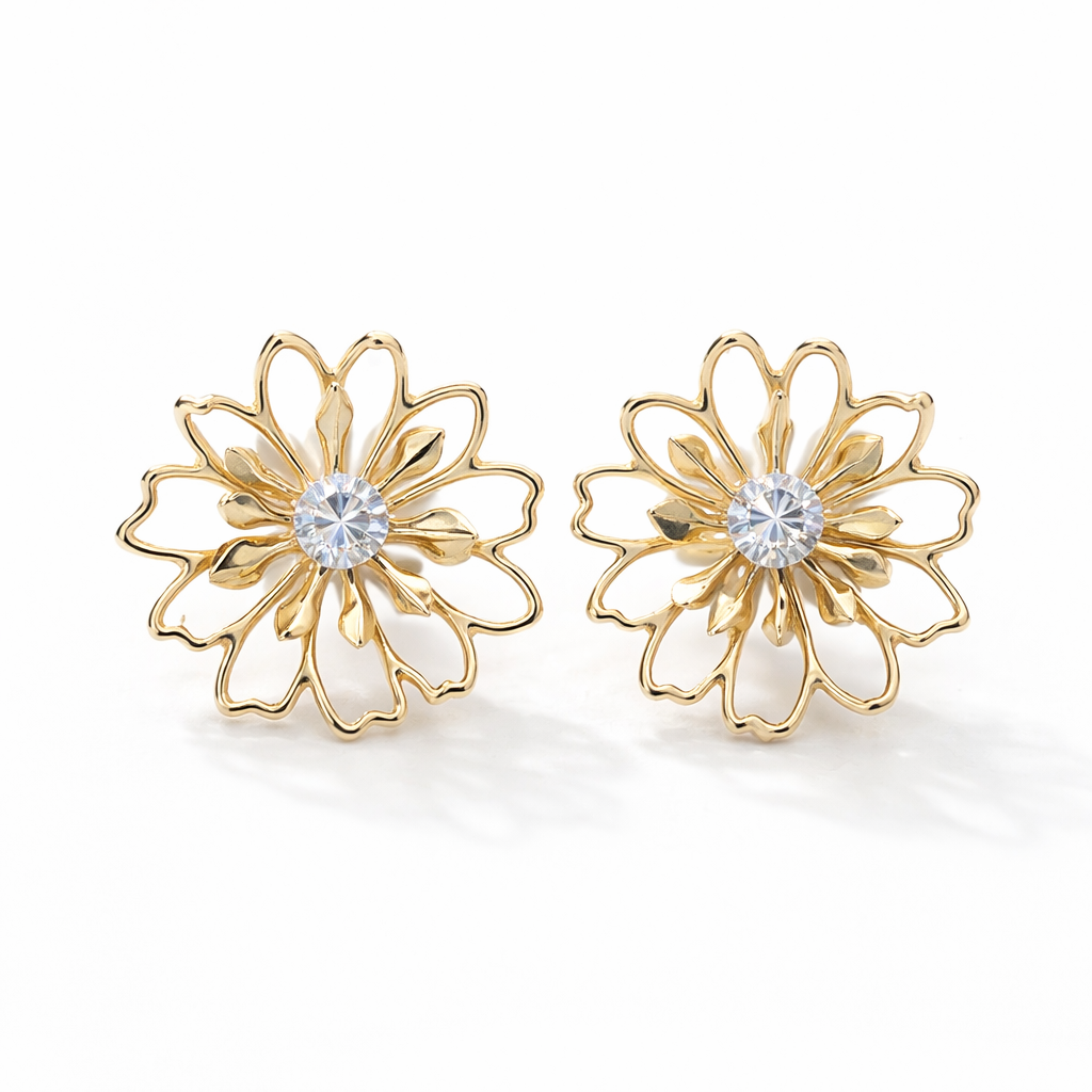 Elegant Golden Drop Flower Crystal Earrings