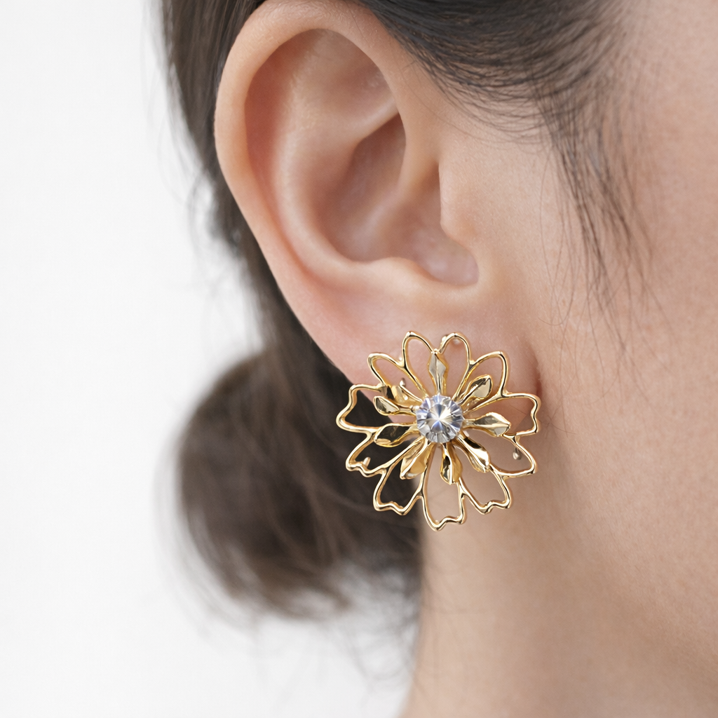 Elegant Golden Drop Flower Crystal Earrings