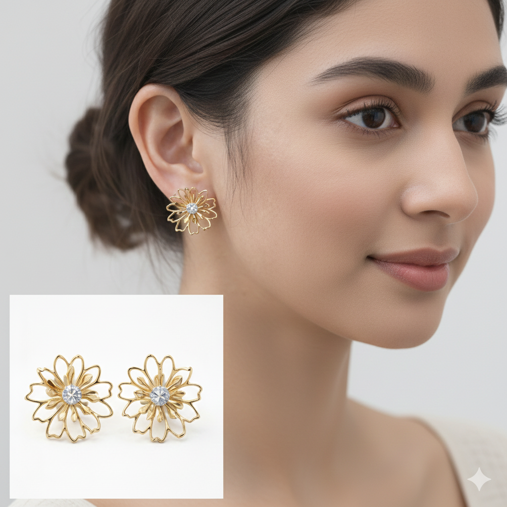 Elegant Golden Drop Flower Crystal Earrings