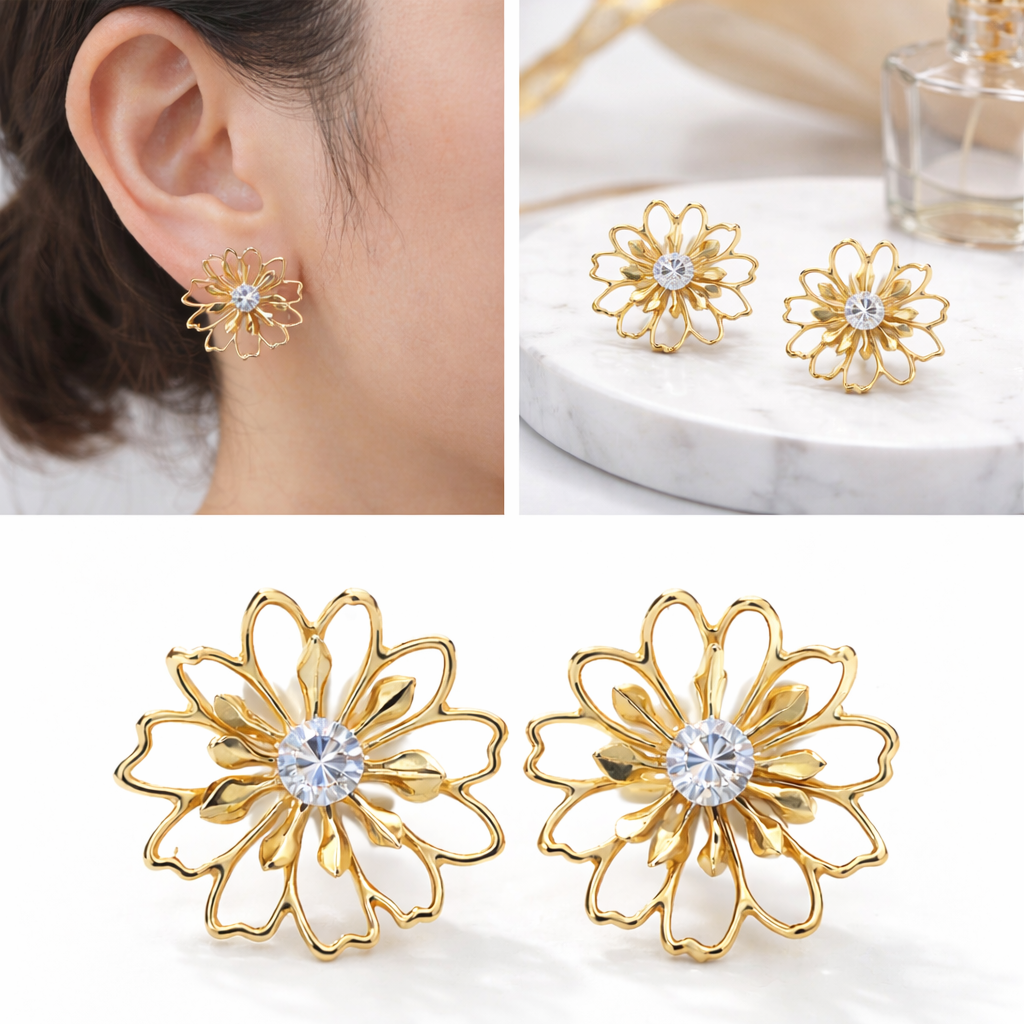 Elegant Golden Drop Flower Crystal Earrings