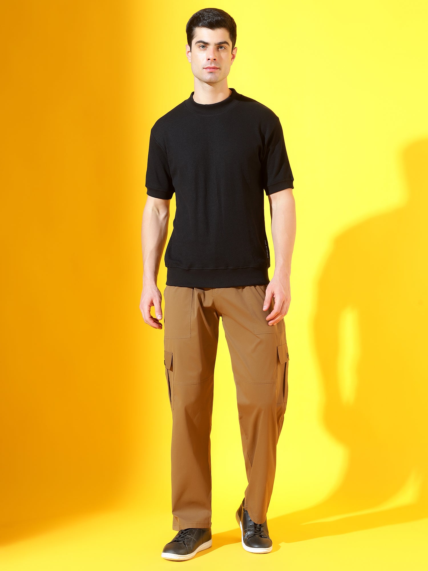 Black T-Neck Waffle Knitted Cotton T-Shirt For Men