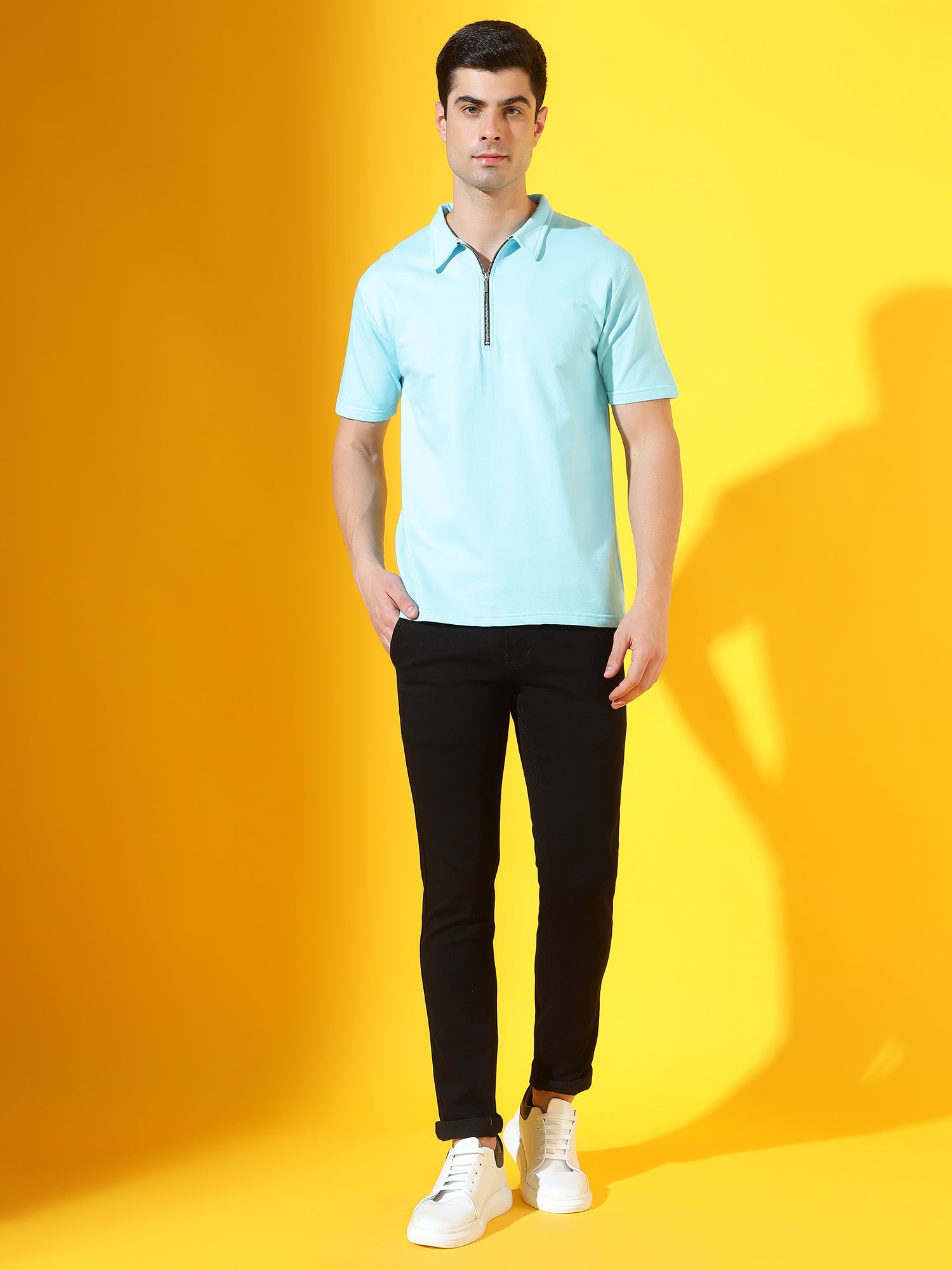 Ice Blue Zipper Premium Cotton Polo T-Shirt For Men