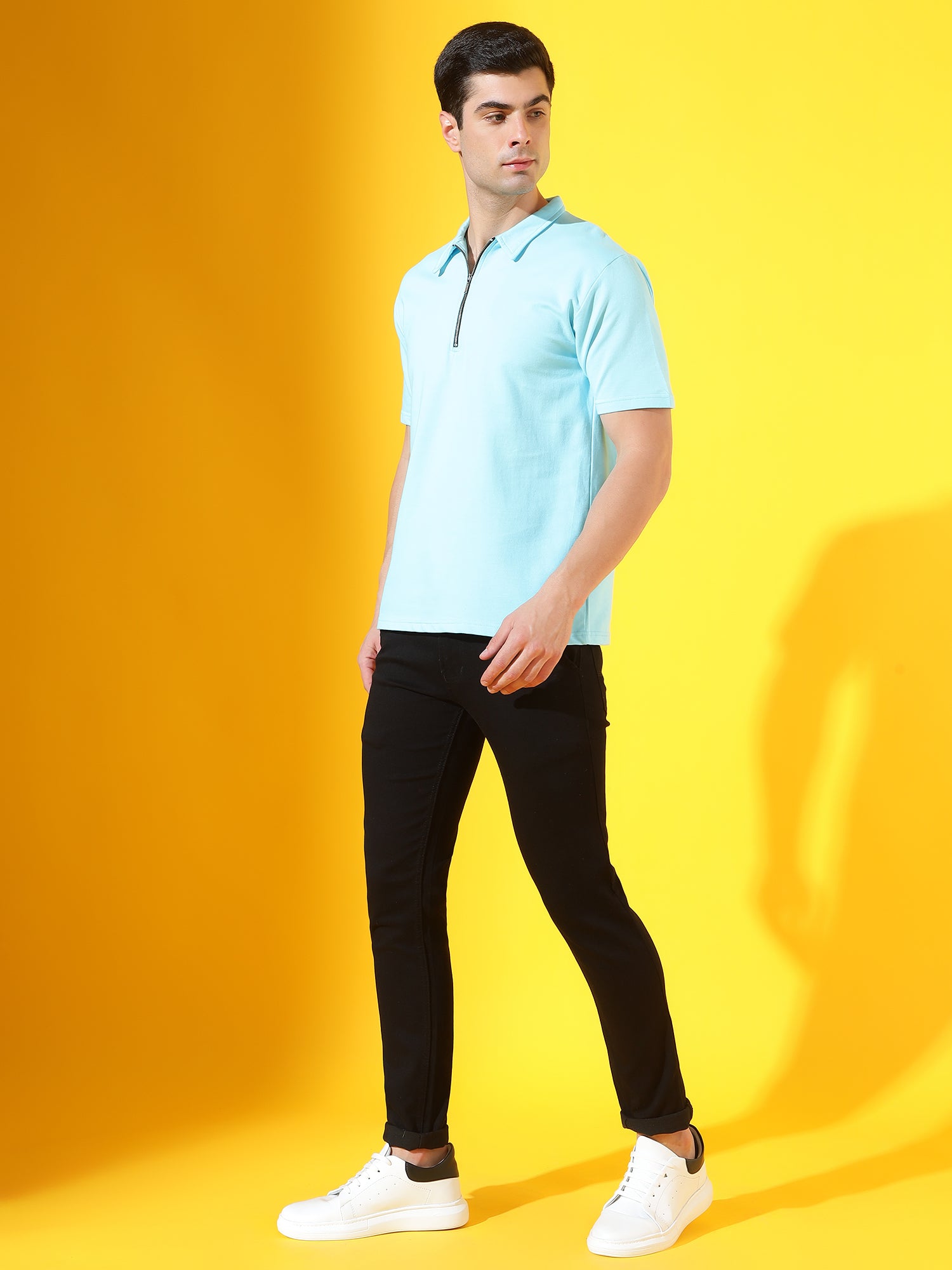 Ice Blue Zipper Premium Cotton Polo T-Shirt For Men