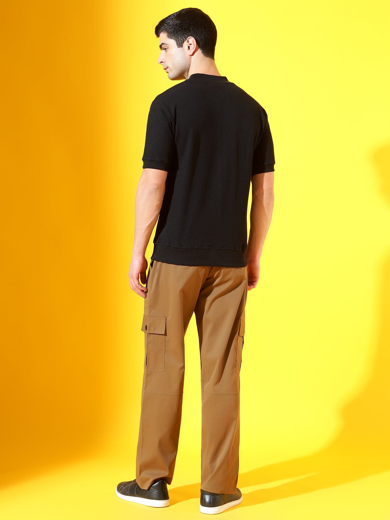 Black T-Neck Waffle Knitted Cotton T-Shirt For Men