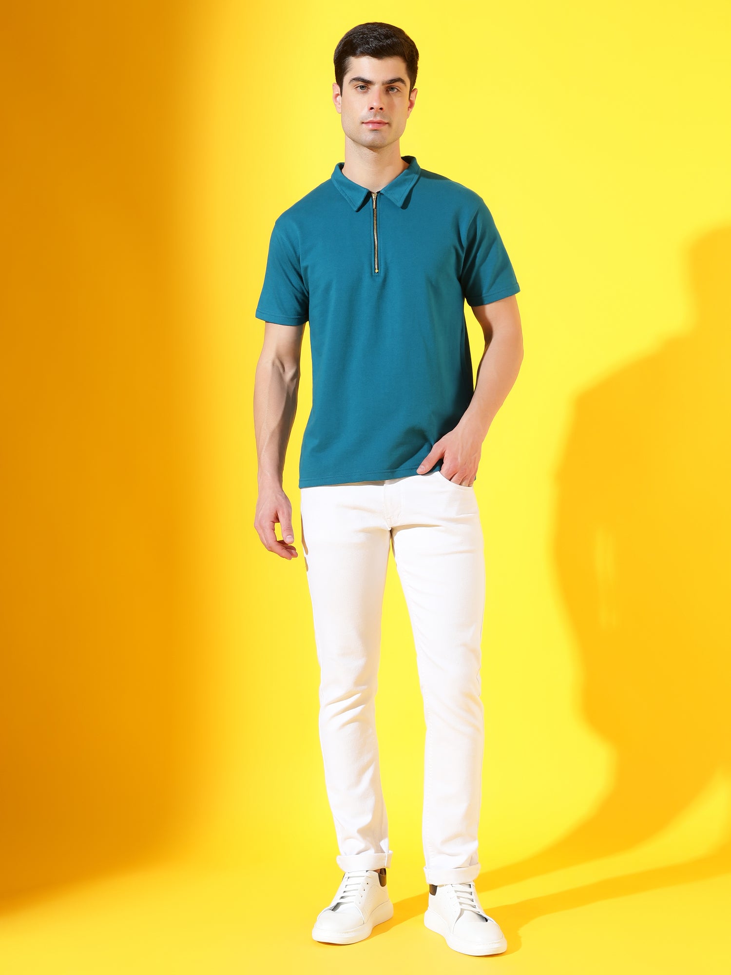 Marine Blue Zipper Premium Cotton Polo T-Shirt For Men