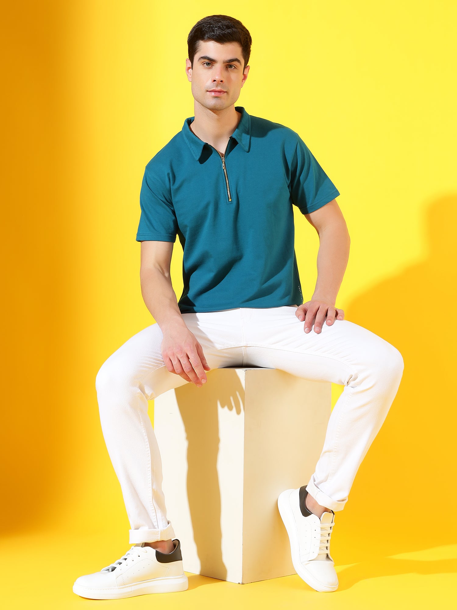 Marine Blue Zipper Premium Cotton Polo T-Shirt For Men