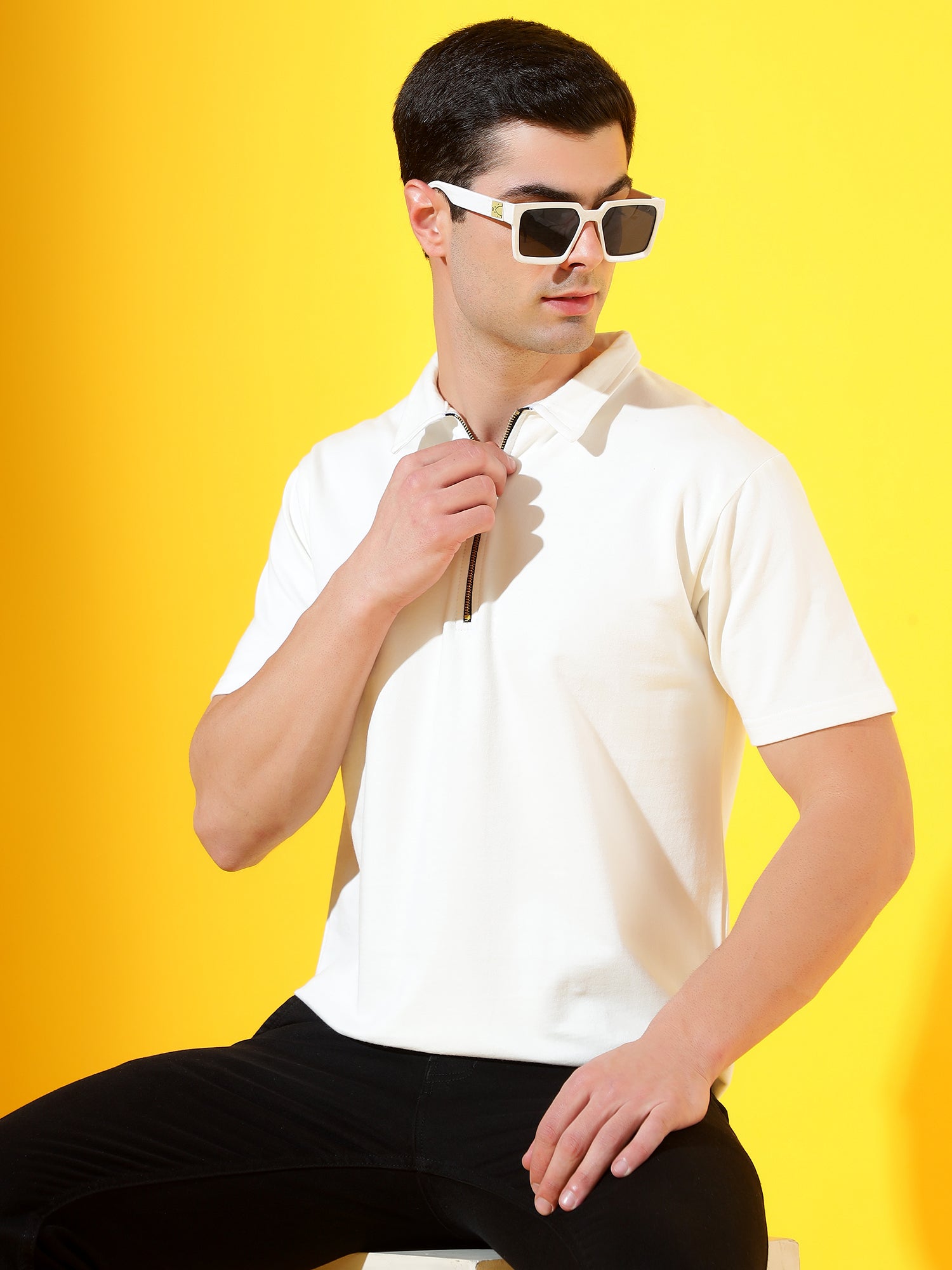 Cream White Zipper Premium Cotton Polo T-Shirt For Men
