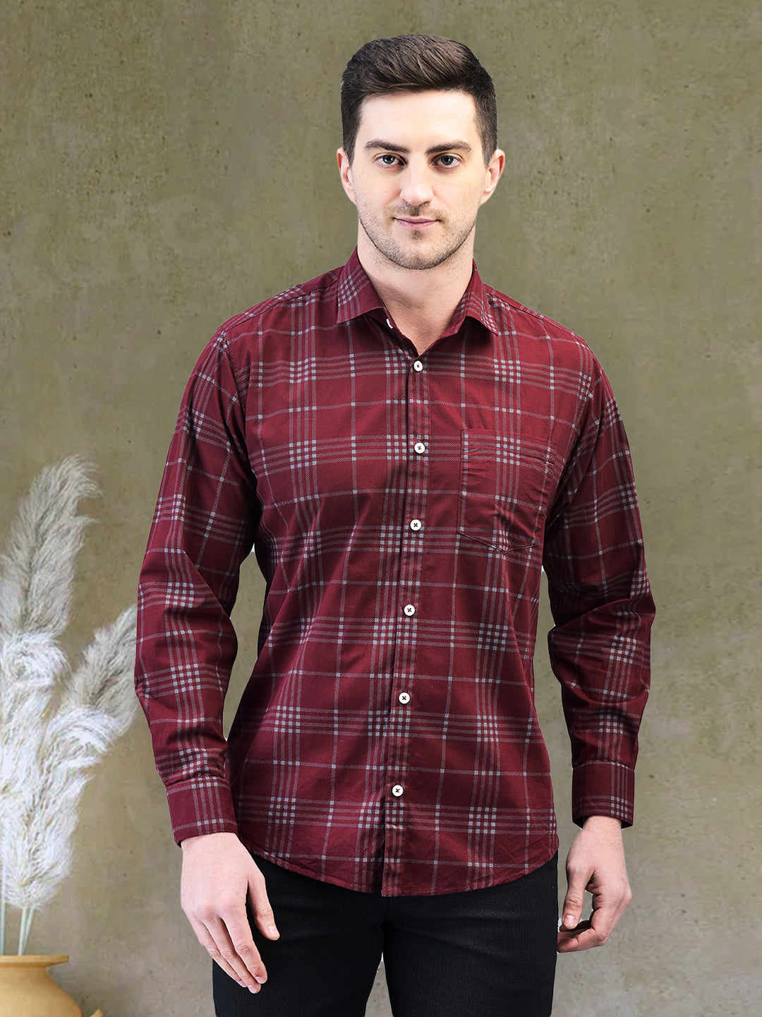 Maroon Prime Check Regular Fit Pure Cotton Shirt for Men