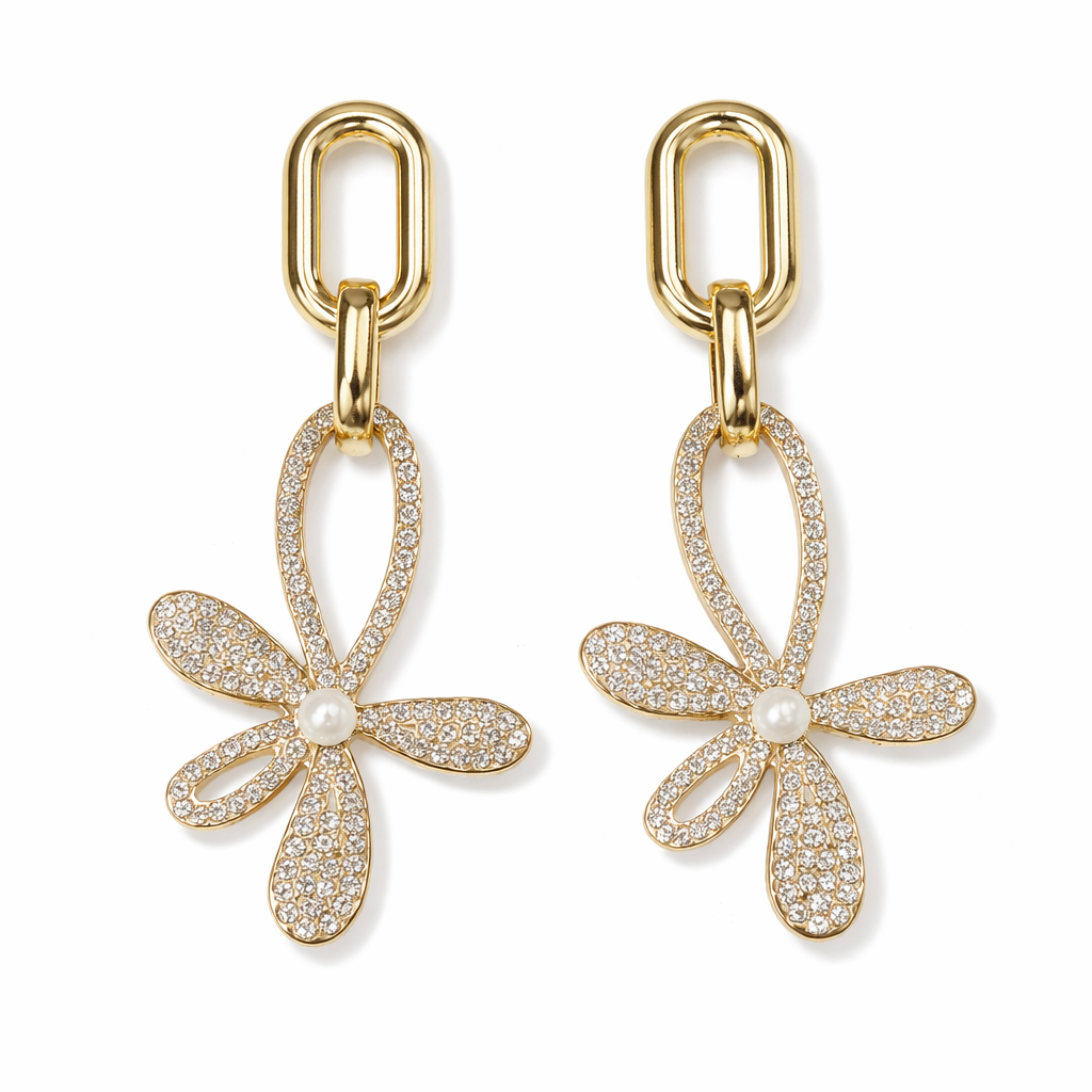 Elegant Golden Drop Flower Crystal Earrings For Women