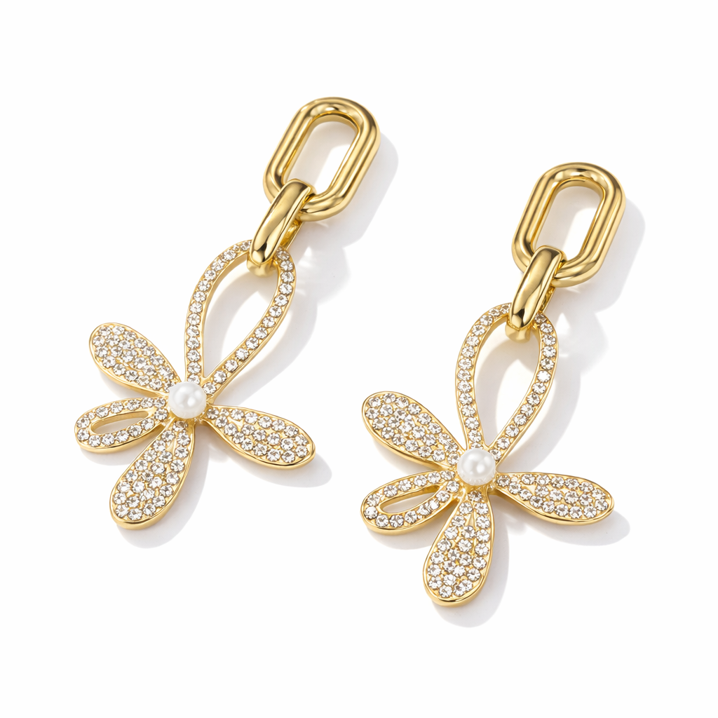 Elegant Golden Drop Flower Crystal Earrings For Women