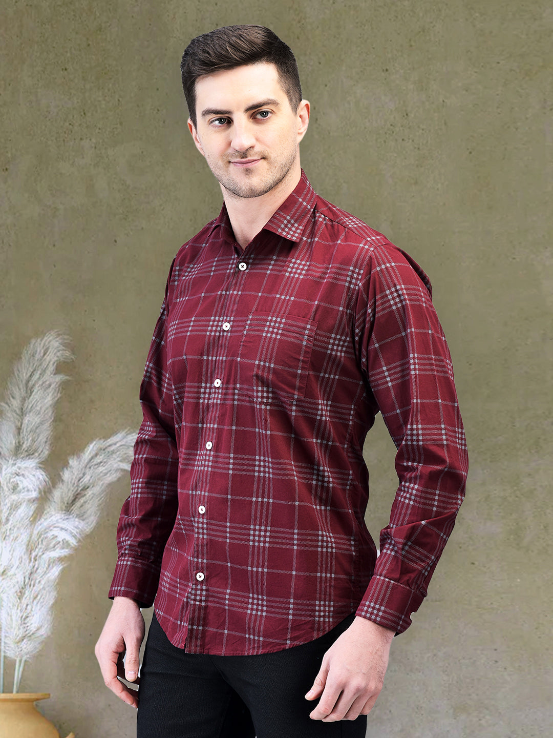 Maroon Prime Check Regular Fit Pure Cotton Shirt for Men