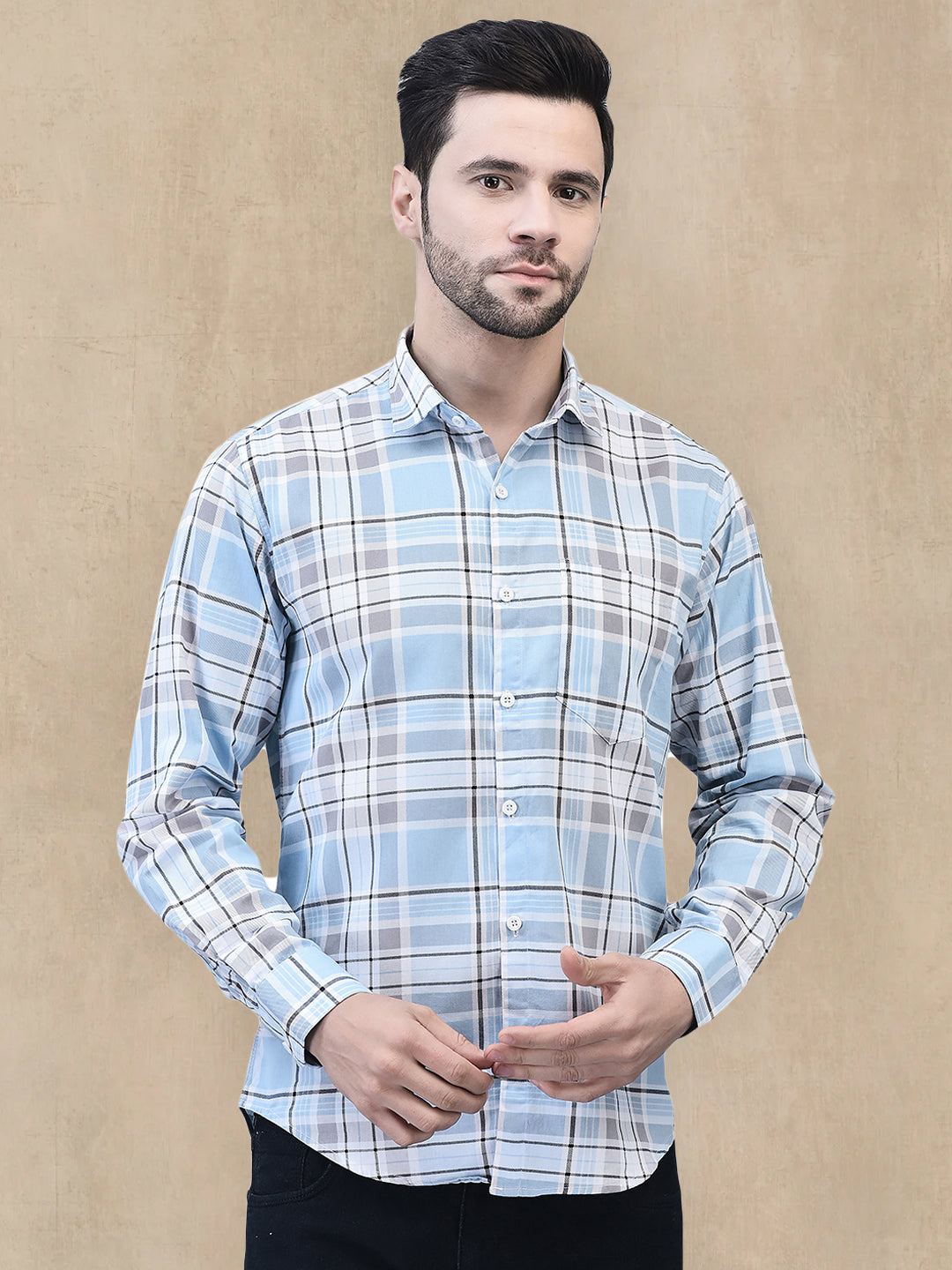 Blue Classic Check Regular Fit Pure Cotton Shirt for Men
