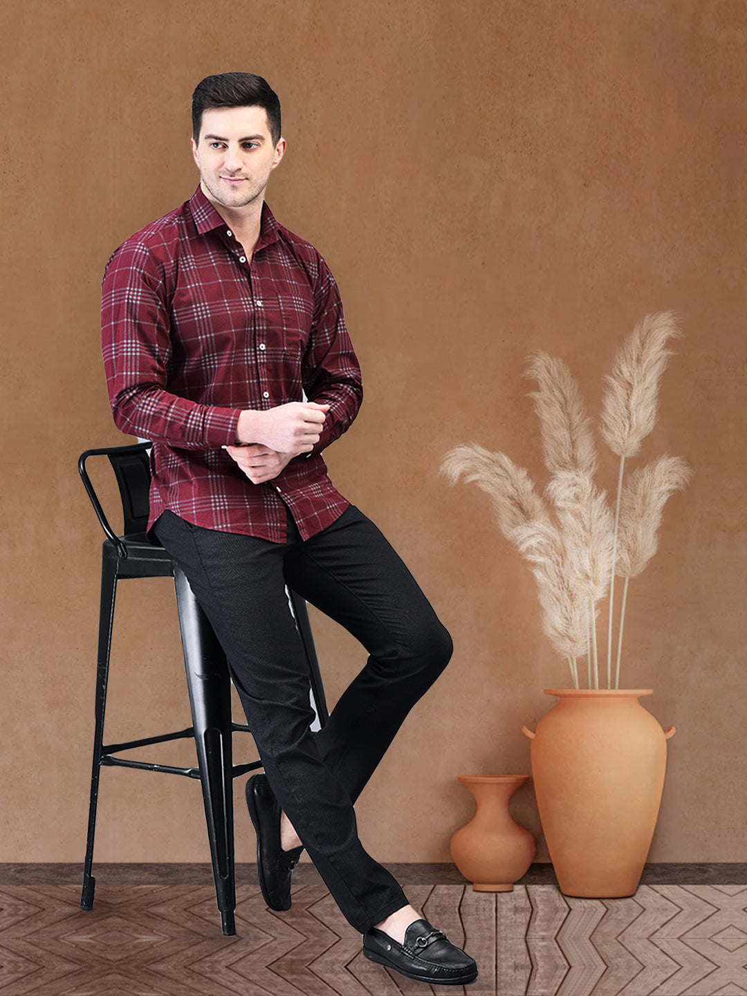 Maroon Prime Check Regular Fit Pure Cotton Shirt for Men