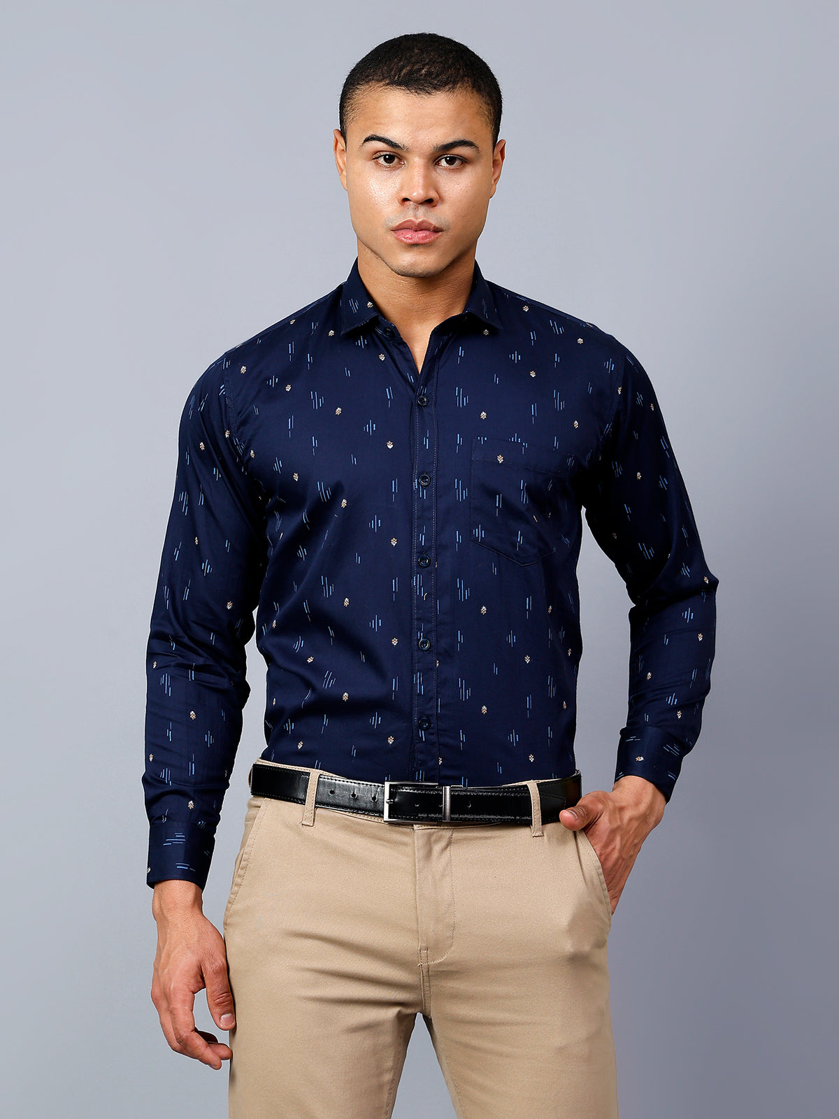 Classic Navy Blue Printed Regular Fit Pure Cotton Shirt for Men