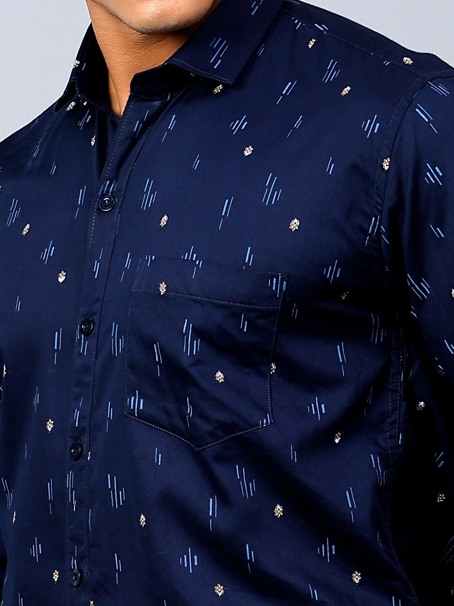 Classic Navy Blue Printed Regular Fit Pure Cotton Shirt for Men