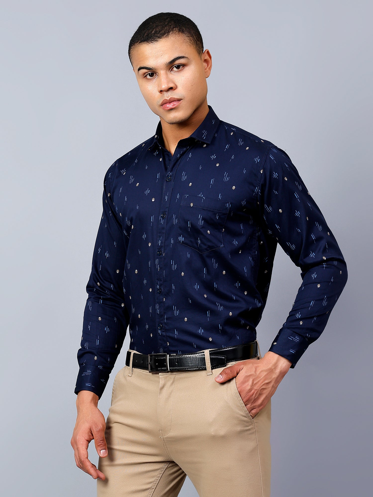 Classic Navy Blue Printed Regular Fit Pure Cotton Shirt for Men